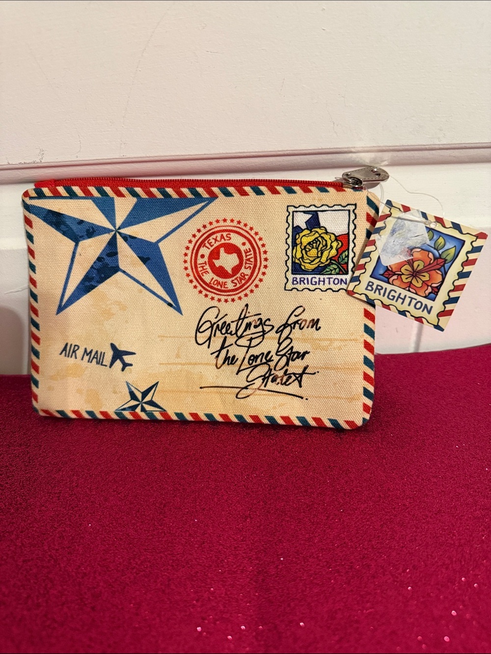 Brighton Beige Zip Pouch with Blue Stars and Red Trim